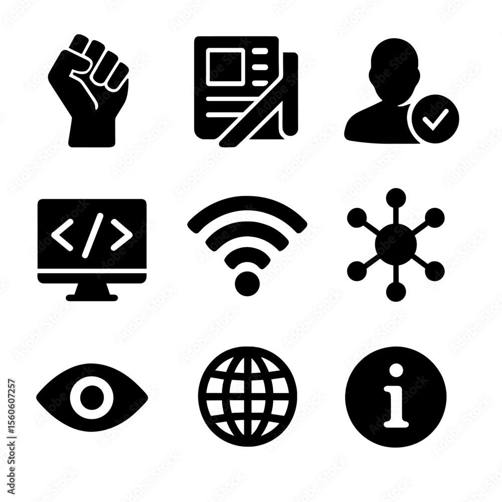 Poster open internet icons. solid, filled icon set of open internet values: freedom icon, uncensored news, 