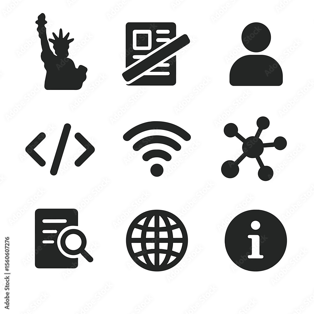 Poster open internet icons. solid, filled icon set of open internet values: freedom icon, uncensored news, 