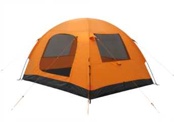Orange Camping Tent with Dome Shape and Window Panel Against White Background, Symbolizing Adventure and Outdoor Readiness  PNG