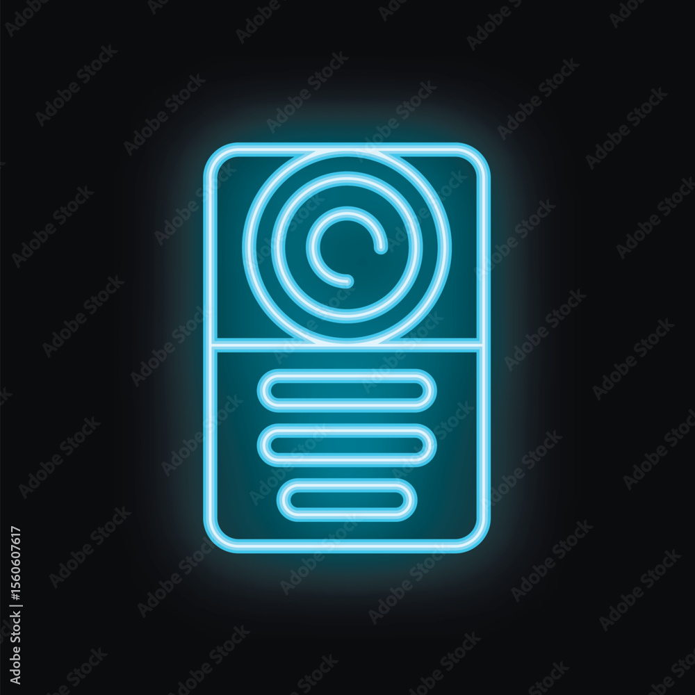 Poster blue neon sign depicting an intercom system, perfect for security and communication concepts