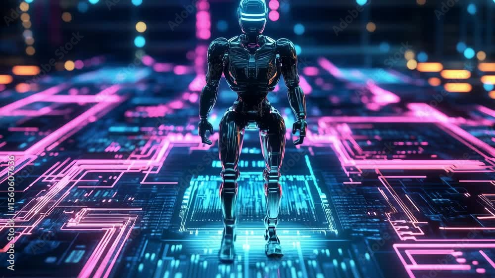 Poster a robot strides across a digital circuit board illuminated by vibrant neon lights in a futuristic se