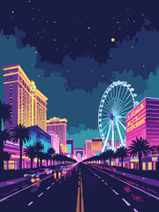 Las Vegas Strip with iconic casinos, High Roller Ferris wheel, and lights in neon pink, gold, indigo, and black
