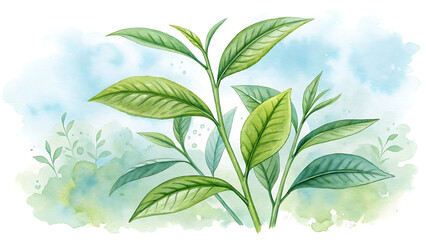 Watercolor Tea Leaves Illustration Serene Greenery Art Fresh Plant Life Botanical Decor Calm and Natural Artistic Style