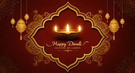 Celebrate Diwali with a vibrant festival of lights design featuring a traditional diya lamp and intricate gold accents.