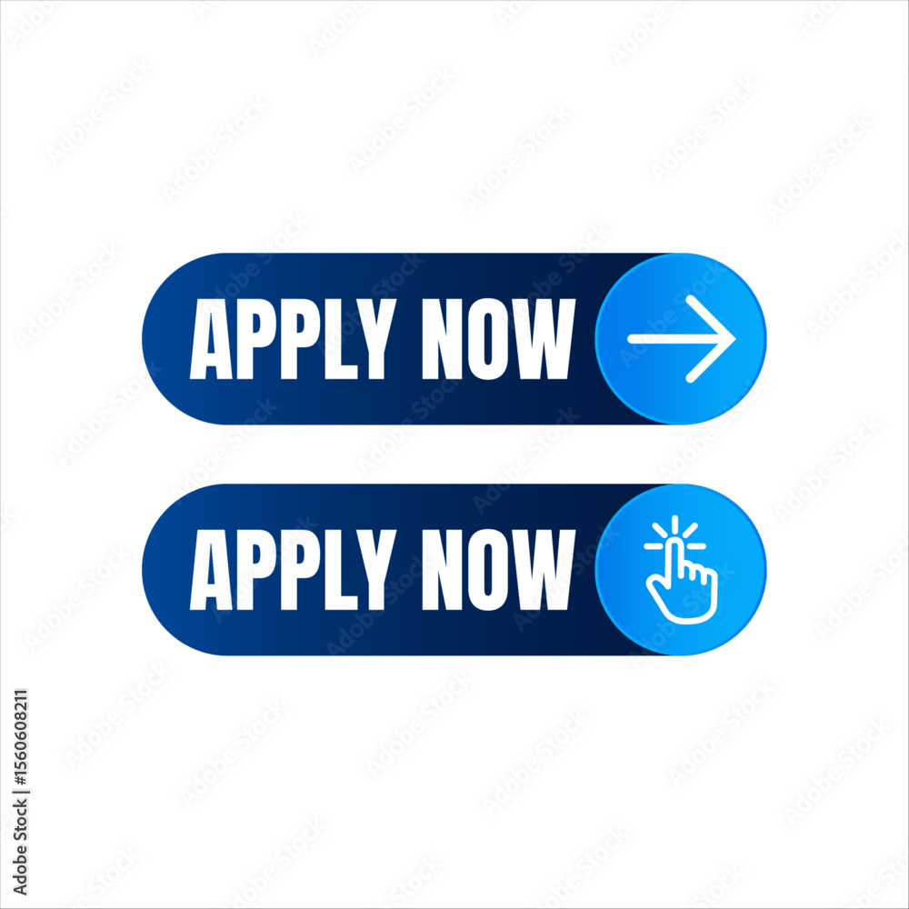 Poster two blue buttons with the text apply now one with a right arrow icon and the other with a hand curso
