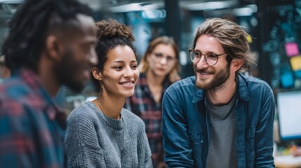 Fototapeta premium A group of young professionals discussing innovative health technology in a creative workspace long title A diverse team of young scientists and