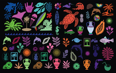 Naklejka premium Tropical Summer Vibes Collection Colorful Assortment of Illustrated Elements and Motifs in a Playful and Artistic Style