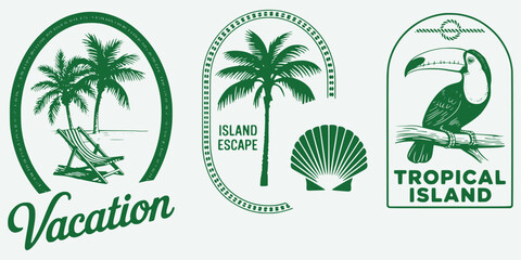 Vintage Tropical Island Logos featuring Palm Trees, Beach Chairs, Seashells, and a Toucan for a Vacation or Island Themed Design