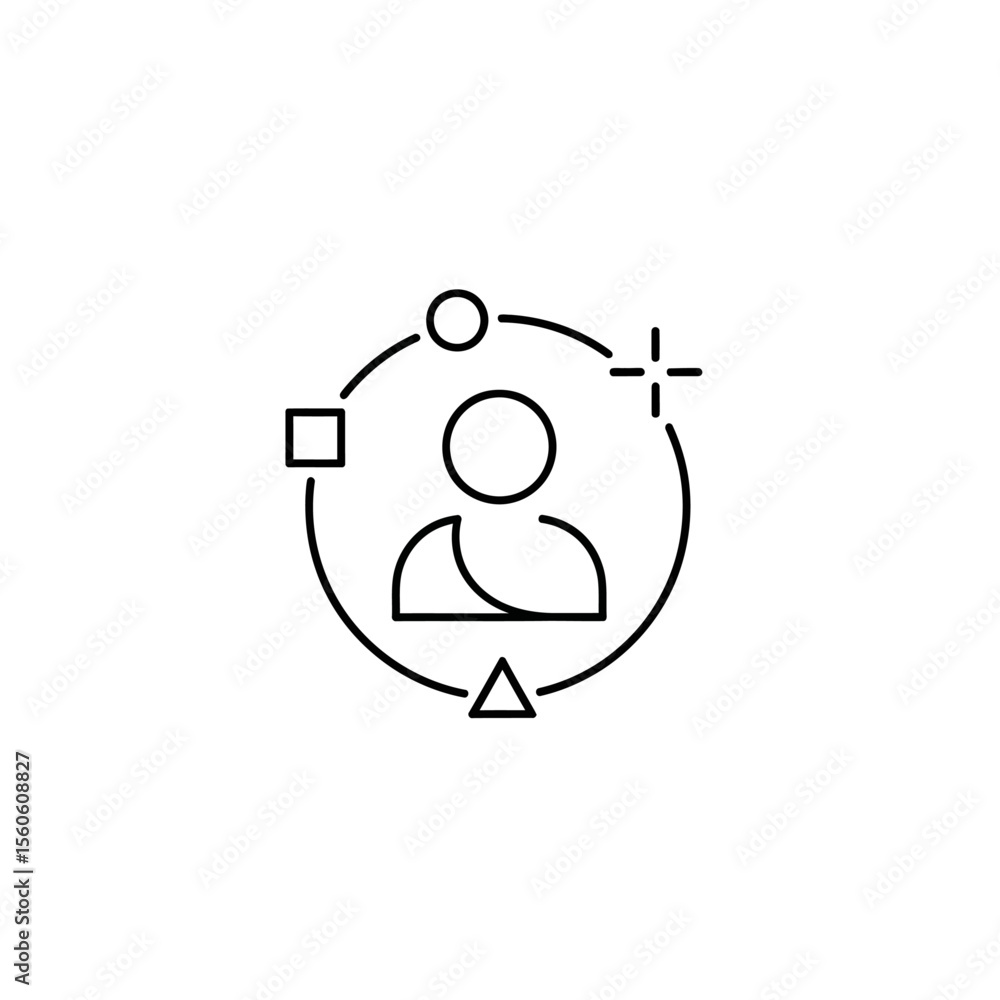 Poster line drawing of a person surrounded by geometric shapes in a circular configuration on white