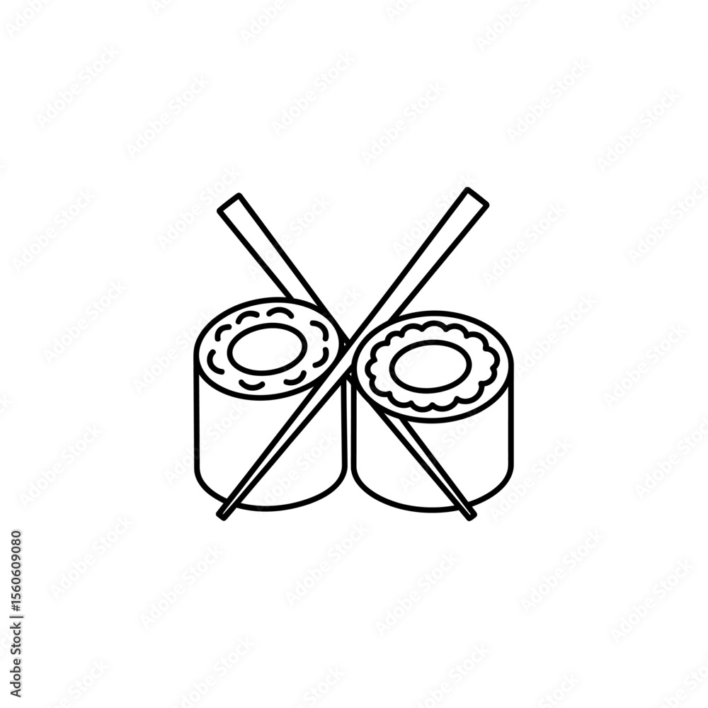 Poster line drawing of two sushi rolls with visible filling and chopsticks placed diagonally across them bo