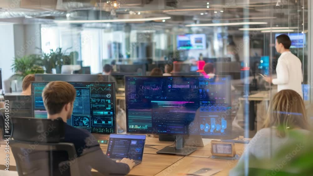 Poster a group of professionals work together in a contemporary office space while analyzing digital data o