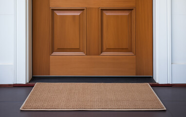 A view of a brown door with a doormat in front of it in a house interior