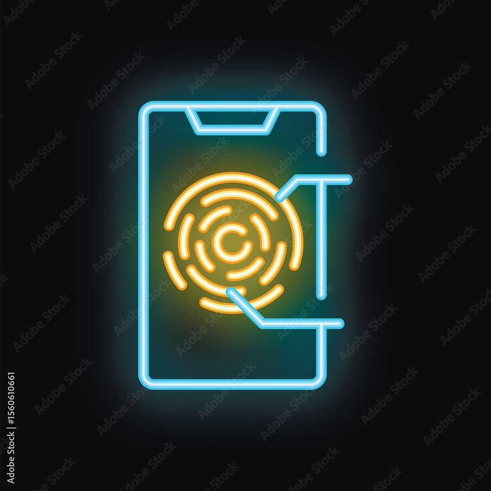 Poster neon sign icon of a smartphone scanning a fingerprint to access security features