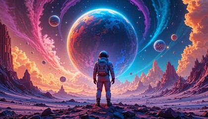 Fototapeta premium Surreal Space Landscape with Colorful Planets and Astronaut