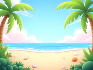 Fototapeta na wymiar Seasonal Seaside View with Palm Trees in Summer