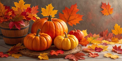 Autumn Harvest Pumpkins and Maple Leaves Still Life Photography, fall, thanksgiving