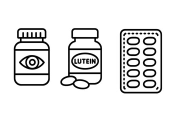Eye health supplements icon set including lutein and tablet pack vector icon isolated illustration