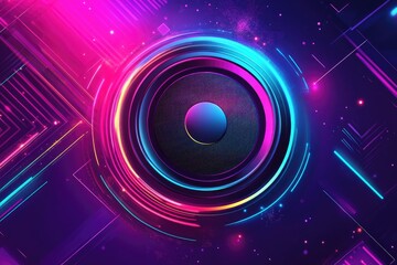 Psychedelic speaker graphic with vibrant colors and tech elements