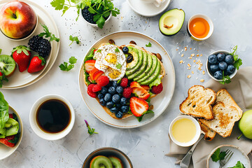 Healthy Morning Meal: Overhead Shot of Avocado Toast with Coffee & Berries