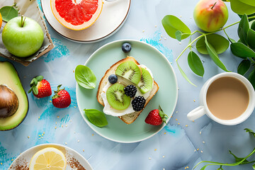 Bright & Fresh Breakfast Scene: Avocado Toast, Fruits & Coffee &ndash; Minimalist Style