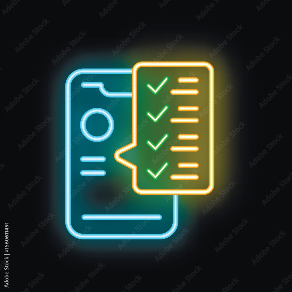 Poster neon sign depicting a smartphone with a completed checklist, symbolizing efficient task management a