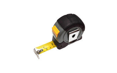 Durable black-cased retractable measuring tape with a yellow blade, featuring clear metric and...