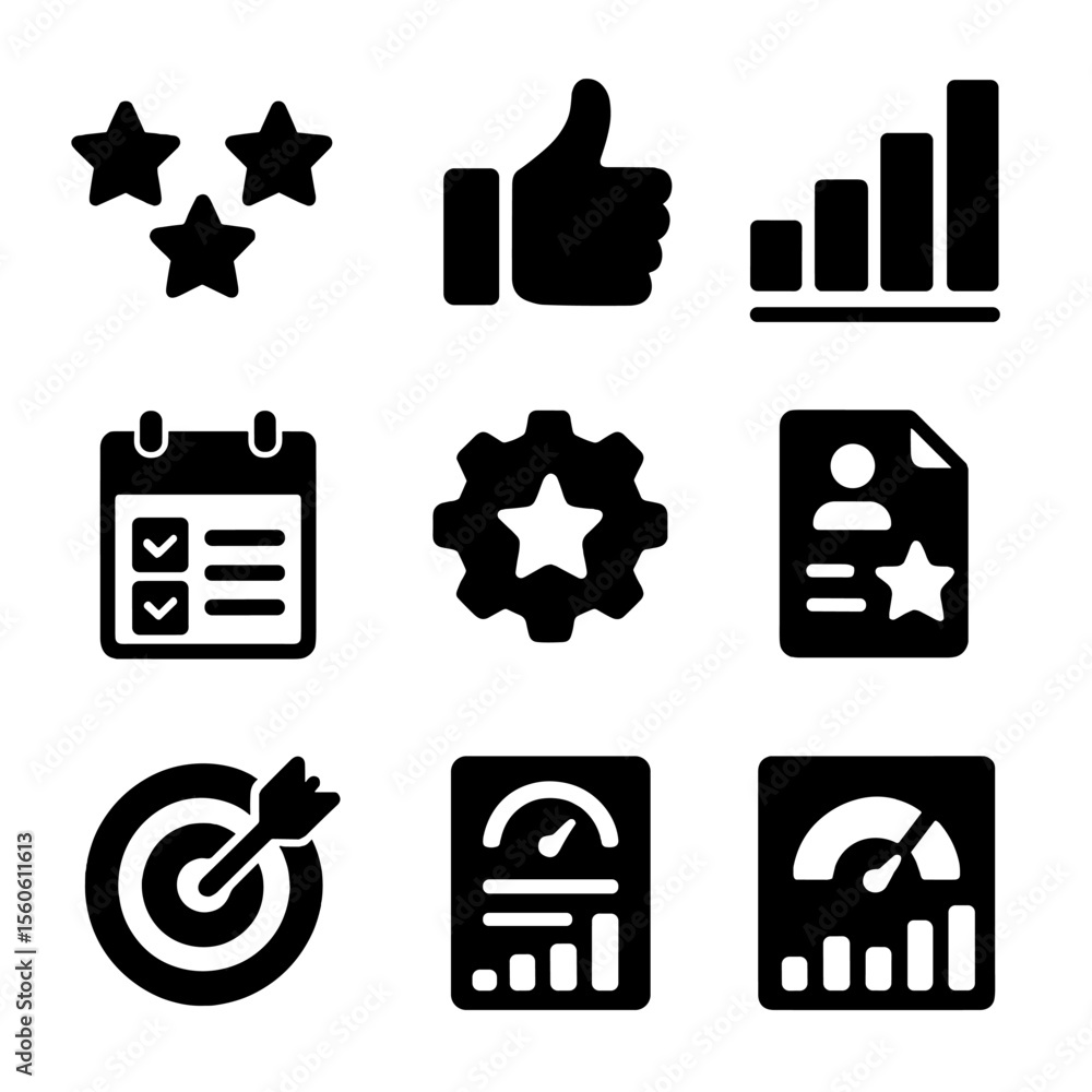 Poster performance icons grid. solid, filled icon set of performance evaluation: rating stars, checklist, t