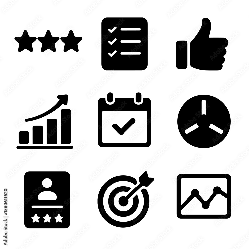 Poster performance icons grid. solid, filled icon set of performance evaluation: rating stars, checklist, t
