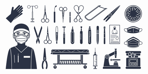 Minimal Surgical Tools Icon Set. Scalpel, forceps, surgical gloves, mask, gown, scissors, surgical lamp, operating table, and anesthesia machine. Clean Line Vector Design