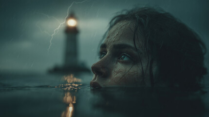 dramatic cinematic scene of a woman in stormy ocean with lighthouse and lightning — perfect for thriller book covers, movie posters, or survival-themed storytelling visuals