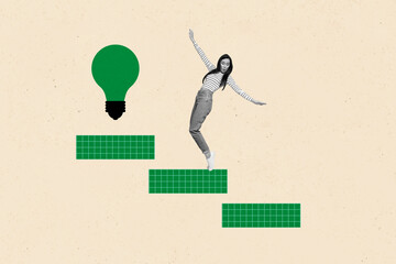 3d pop image sketch full collage of happy businessman businesswoman stand light bulb idea finding...