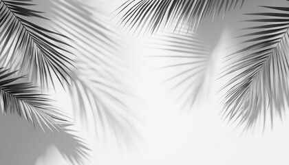 Fototapeta premium Natural Palm Leaves And Palm Tree Shadow Casting Onto White Wall For Decor And Wallpaper In Monochrome Style.