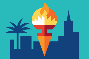 Modern Graphic Design of a Torch with Palm Tree and City Skyline