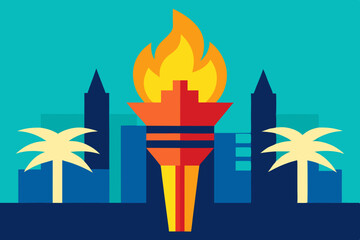 Stylized Olympic Torch with Palm Trees and City Skyline Background