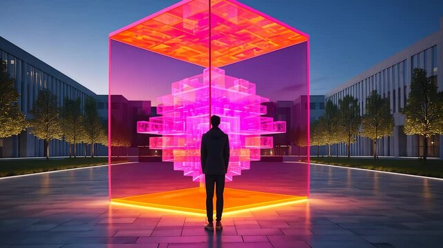 Person Standing in Front of Giant Glowing Neon Cube Structure with Abstract Geometric Blocks in Modern Courtyard at Dusk

