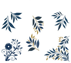 Isolated ornate corner floral design elements in navy blue and gold, perfect for wedding invitations