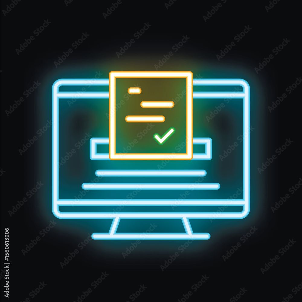 Fototapete Neon sign depicting a desktop computer screen with a document containing a check mark, symbolizing online survey completion