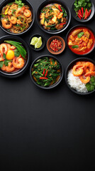 An appetizing assortment of diverse Asian shrimp dishes, including curries and noodle bowls, arranged artfully on a stark, dark surface, beckoning culinary delight.