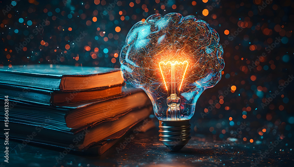 Aufkleber illuminated brain lightbulb with stack of books on dark background