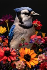 Colorful Blue Jay Portrait Among Vibrant Flowers