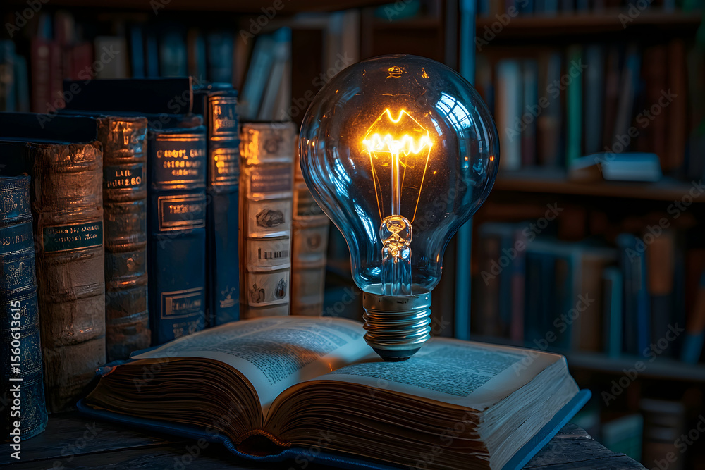 Aufkleber illuminated bulb resting on open book in a library setting