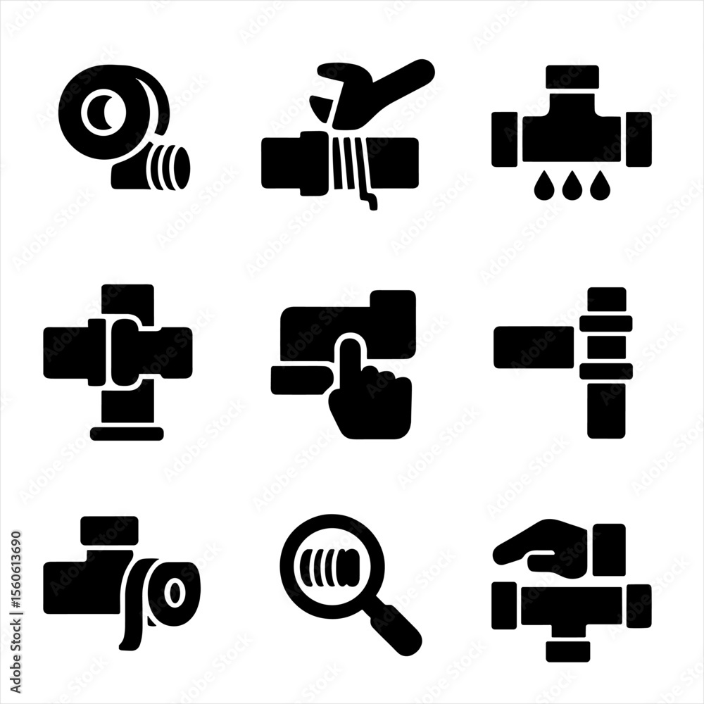 Poster pipe work icons. solid, filled icon set of pipe thread seal tape usage: wrapping tape on pipe thread