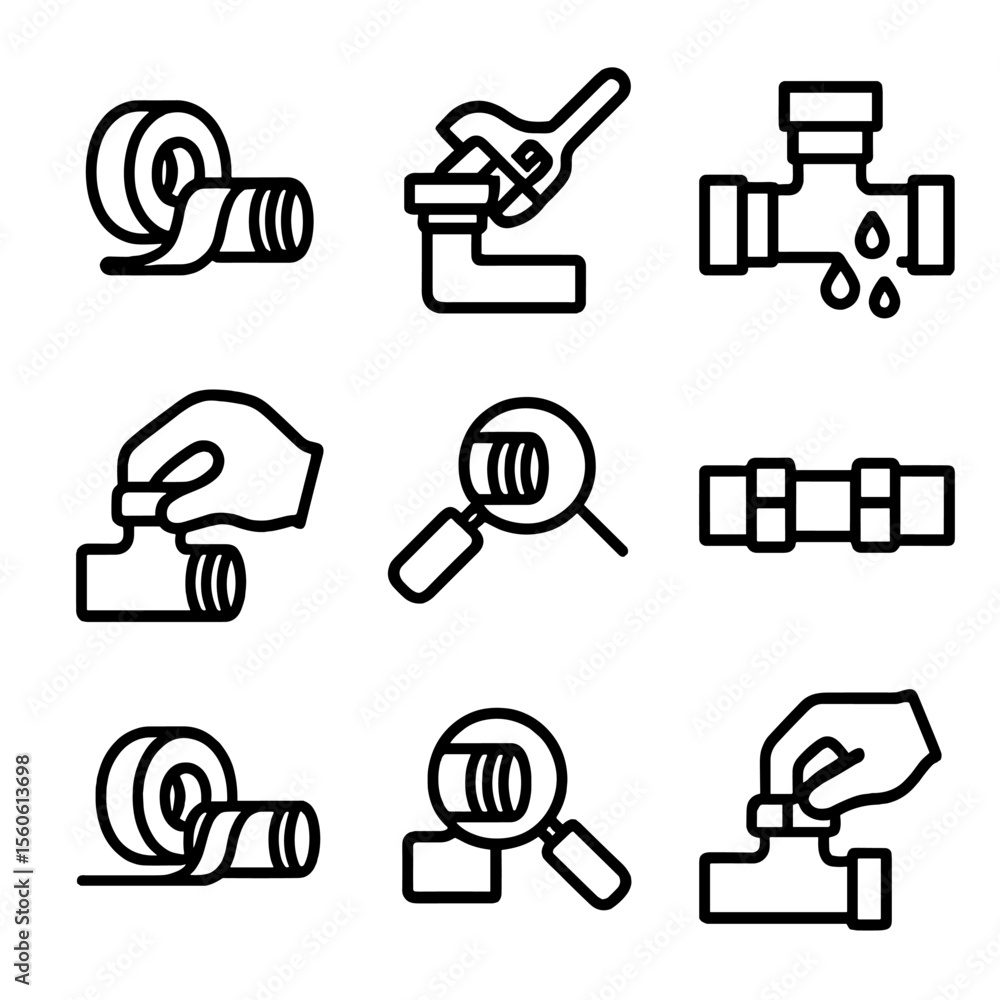 Poster pipe work icons. solid, filled icon set of pipe thread seal tape usage: wrapping tape on pipe thread