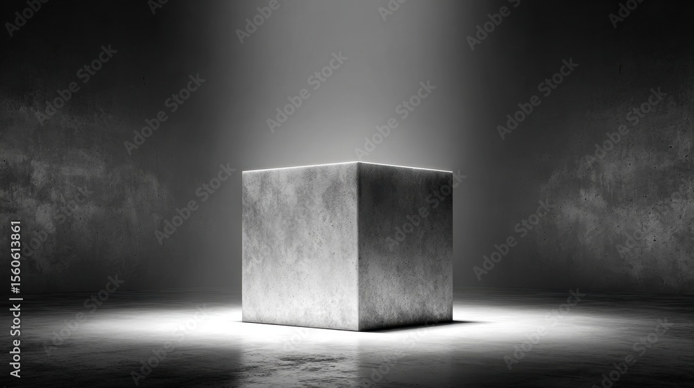 Poster grey cube standing alone in concrete room under a bright spot light shining from above