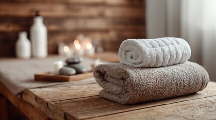 Spa setting featuring a padded massage table with fresh towels