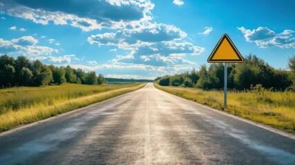 Empty asphalt country open road leading to horizon under dramatic sky with warning sign - Powered by Adobe
