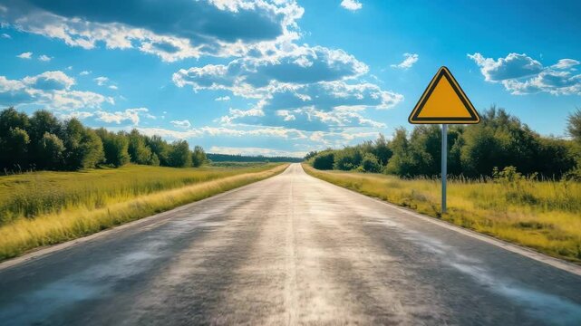 Empty asphalt country open road leading to horizon under dramatic sky with warning sign