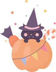 Halloween cute set of elements. Pumpkins, scary black cats. Vector illustration in flat style