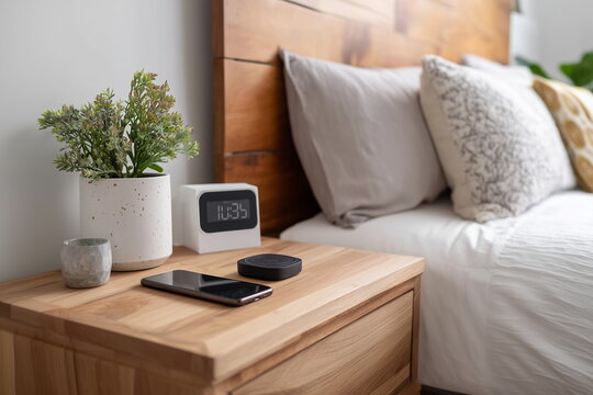 A modern minimalist nightstand next to a neatly made bed, featuring a wireless phone charger, a small potted plant, and a digital clock on a clean surface.