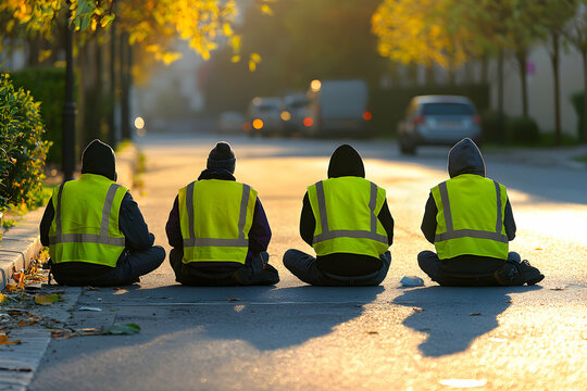 People Sitting on Road in Yellow Vests During Sunset Hours